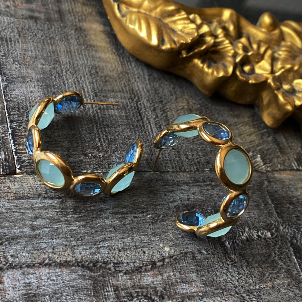 NEW Gold & Blue Stones Chunky Hoop Earrings - Picture 8 of 16
